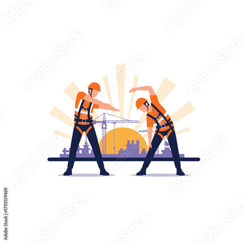 Builders in full safety gear perform stretching exercises together before starting their shift at a large construction site.