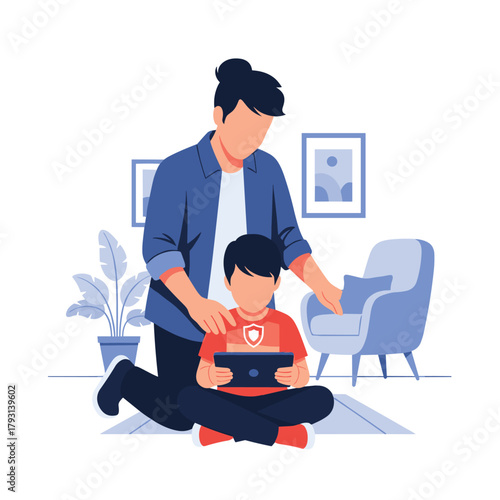 Responsible father teaching his young son about online safety and digital security while using a tablet computer together.