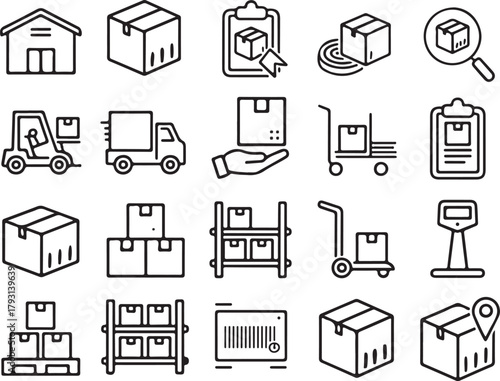 Collection of hand drawn outline icons representing logistics and shipping processes including warehouse delivery trucks forklifts packages and inventory management tools