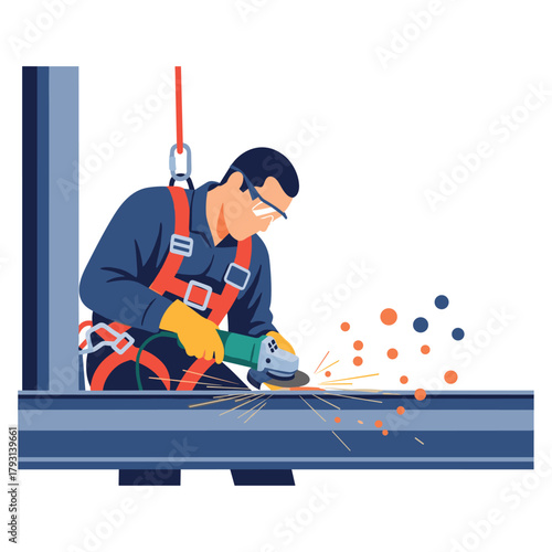 Welder wearing protective goggles and a safety harness uses an angle grinder on a steel I-beam at a construction site.