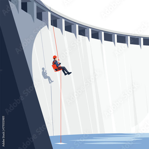 Industrial worker suspended by ropes in a bosun's chair performs an inspection on the face of a large concrete dam.