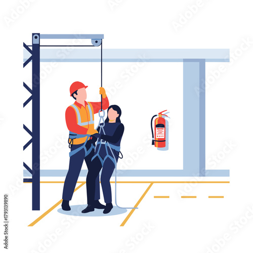 Safety instructor demonstrating how to properly use a fall protection harness and equipment to a female trainee for work.