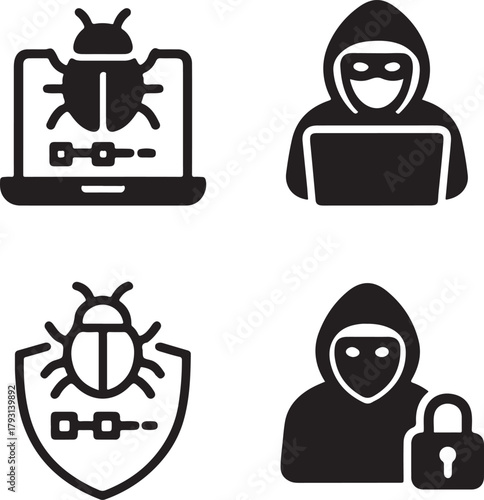 Isolated Cyber Attack black vector icon set, cyber attack icons, hacker data breach malware, solid black outline filled minimal thin stroke, online security warning symbols
