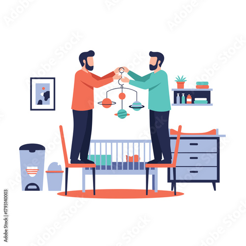 Two fathers standing on chairs to hang a solar system mobile over their baby's crib, preparing the nursery together.