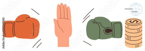 Boxing gloves and raised hand symbolizing negotiation or stopping conflict. Coins and globe suggest financial aspects, trade, or global agreements. Ideal for conflict resolution, negotiation
