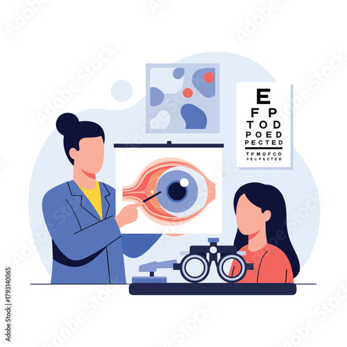 Ophthalmologist using a diagram to explain eye anatomy to a patient during a vision test with an eye chart and phoropter.