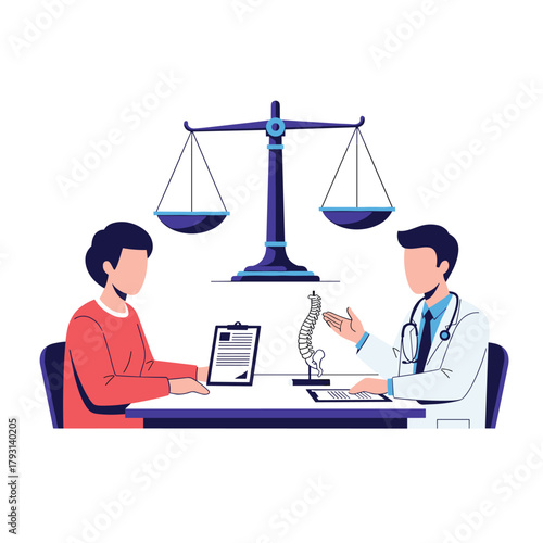 Conceptual illustration of a doctor and patient discussing balanced choices, symbolized by scales of justice and medical models.