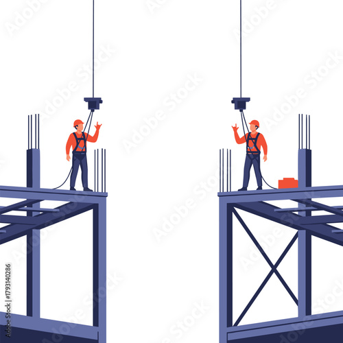 Skilled construction workers in full safety equipment stand on high steel structures, directing crane hooks on a major project.