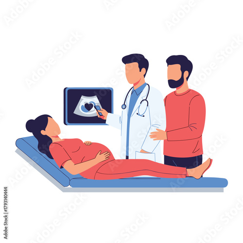 Male obstetrician explaining an ultrasound image to an expecting couple during a prenatal checkup in a medical clinic.
