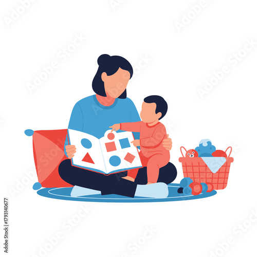 Mother engaging in early learning with her baby, reading a colorful board book about geometric shapes during story time.