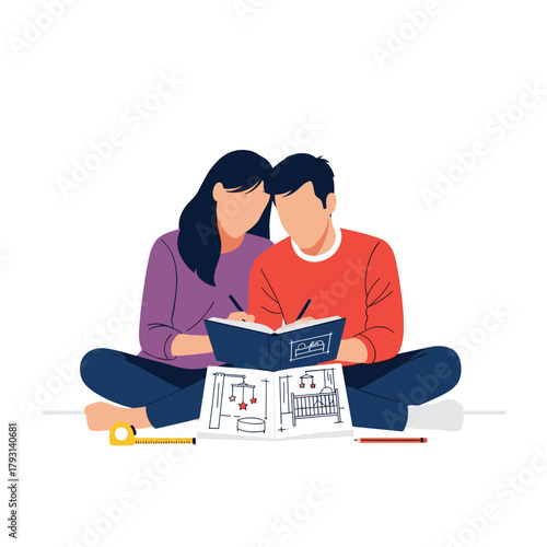 Excited expecting couple sitting together and reviewing the blueprints for their future baby's nursery room layout.