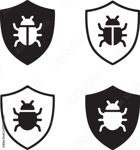 Isolated Malware Protection black vector icon set, malware protection icons, antivirus shield safe system, solid black outline filled minimal thin stroke, digital defense security symbols