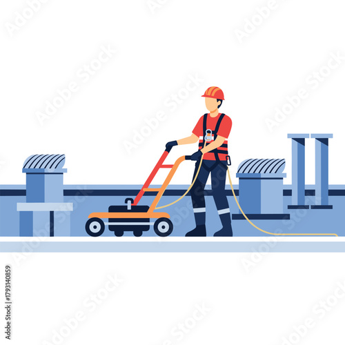 Maintenance worker with a safety harness and hard hat operating machinery on the rooftop of a commercial building for repairs.