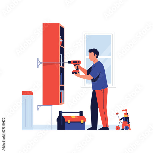 Person using a cordless drill to install an anti-tip strap, securing a tall bookcase to the wall for home safety.