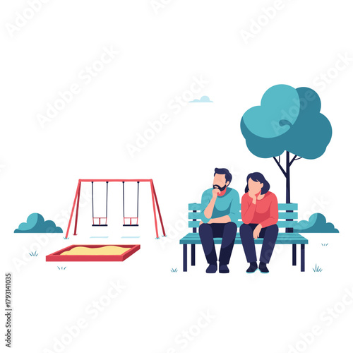 Pensive couple sitting on opposite ends of a park bench near an empty playground, contemplating a difficult life decision.