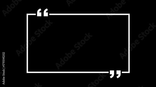 square quote box icon animation. Rectangular quote mark graphic animation. Animated square quote frame design for textual quotation, paraphrasing, or text spoken by on black background.