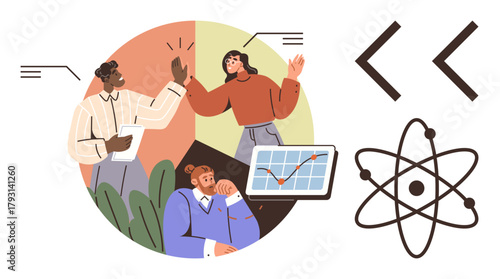 Group of diverse team members brainstorming with graph data on a tablet. Featured atomic structure and coding symbols. Ideal for teamwork, science, technology, education, coding, research