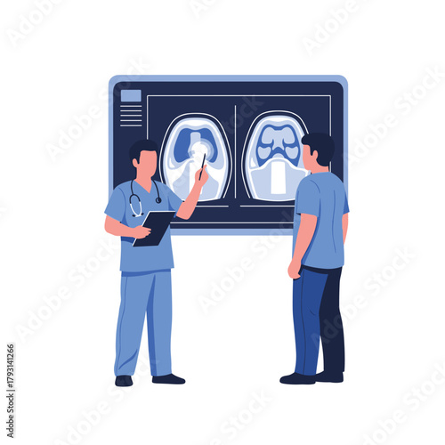 Medical doctor in scrubs shows a patient his knee joint MRI results on a digital display, explaining the diagnosis in a clinic.