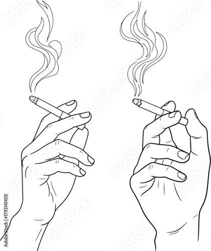 Two hands holding smoking cigarettes silhouette