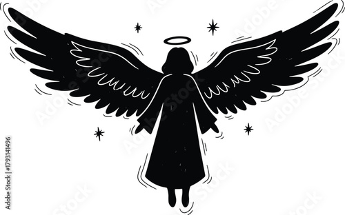 Silhouette of Angel with Wings Halo and Stars Symbolic Illustration