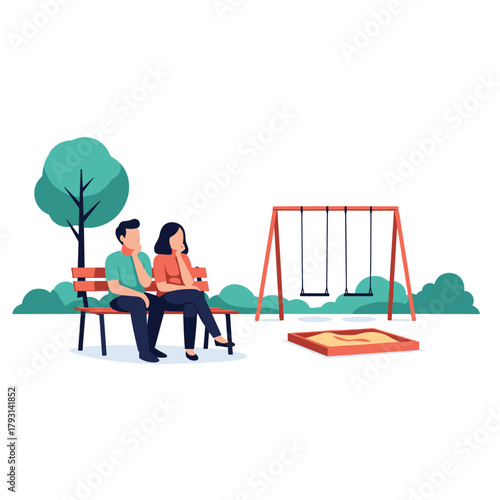 Young couple sitting on a park bench and having a serious conversation, with an empty playground in the background.