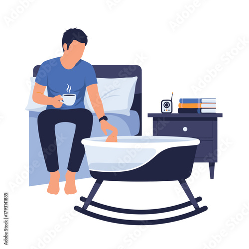 New father enjoying a quiet morning moment, drinking coffee while checking on his sleeping baby in a bedside bassinet.