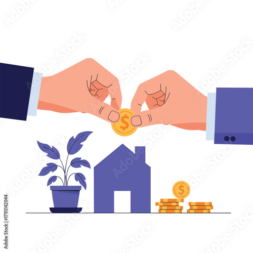 Hands putting a dollar coin into a house-shaped savings bank, symbolizing investment in real estate, mortgages, or a home fund.