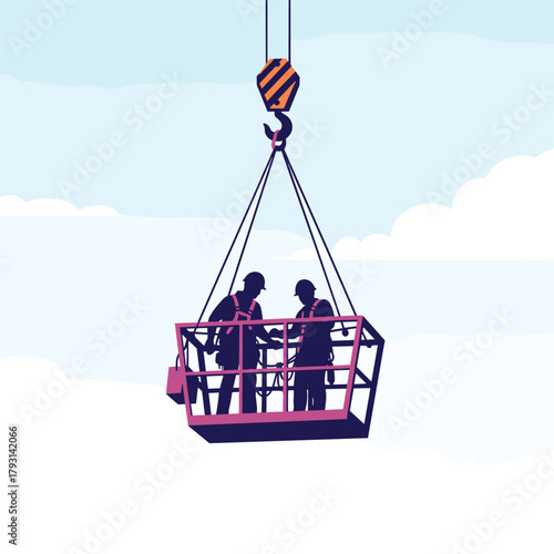 Two workers silhouetted in a crane-lifted man basket, performing high-altitude work against a light blue, cloudy sky.