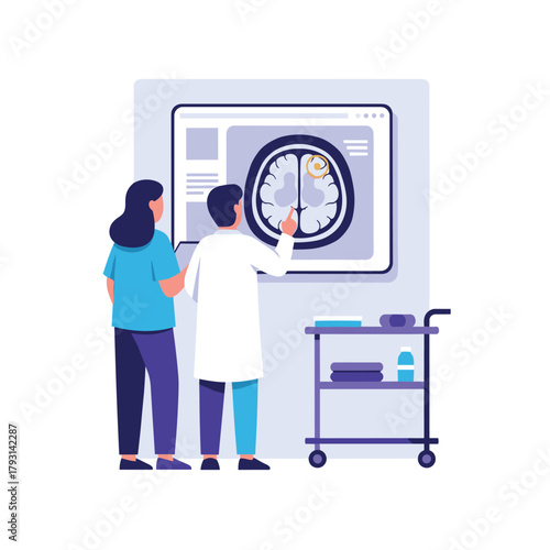 Doctor explaining the results of a brain scan to a patient by pointing at a specific area on a large digital display screen.