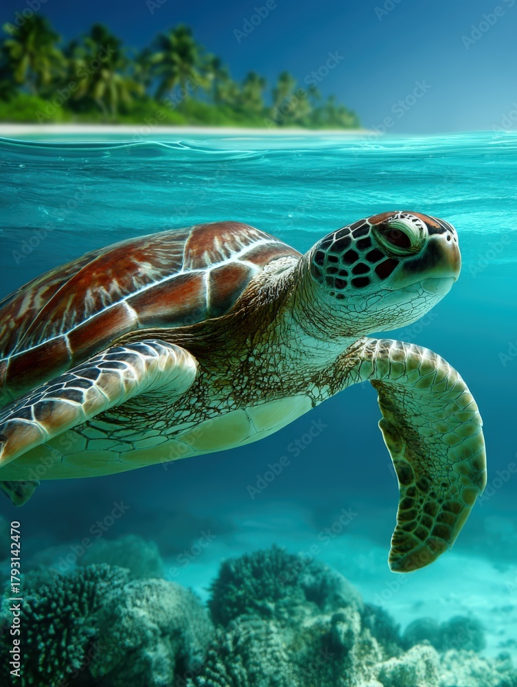 Fototapeta premium Majestic sea turtle gliding gracefully in clear blue underwater waters