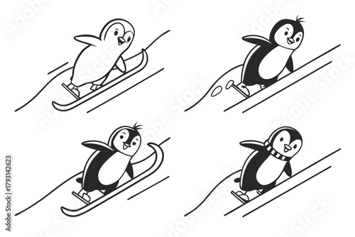 Playful penguin sliding icon set minimalist design