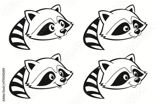 Playful raccoon face icon set with minimalist design