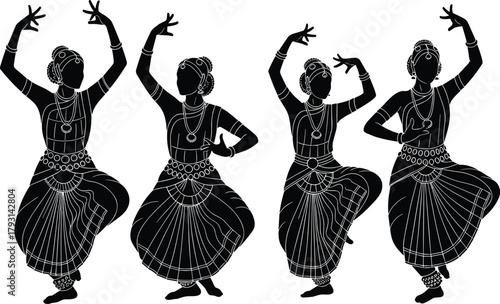 Indian classical dance silhouettes, Bharatanatyam pose illustration, cultural dancer art, traditional costume, mudra gesture, ethnic performance design