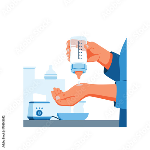Parental hands testing the milk temperature from a baby bottle on the wrist, with a bottle warmer visible in the background.
