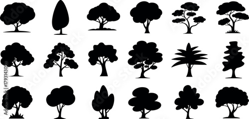 Tree silhouettes vector icons, nature forest clipart, deciduous conifer evergreen trees, landscape design elements, botanical illustration set, environment symbols bundle