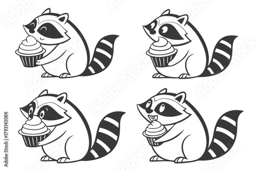 Cute raccoon holding a delicious cupcake illustration