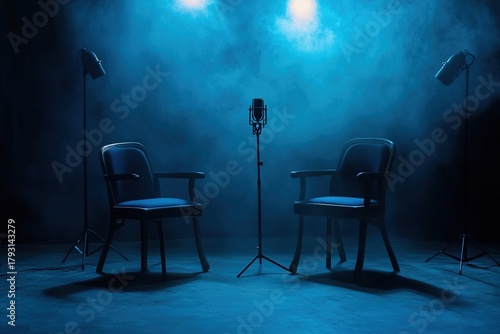 two chairs and microphones in podcast or interview room on dark background as a wide banner for media conversations