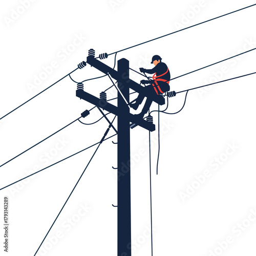 Silhouette of a lineman in a safety harness working on electrical wires at the top of a utility pole.