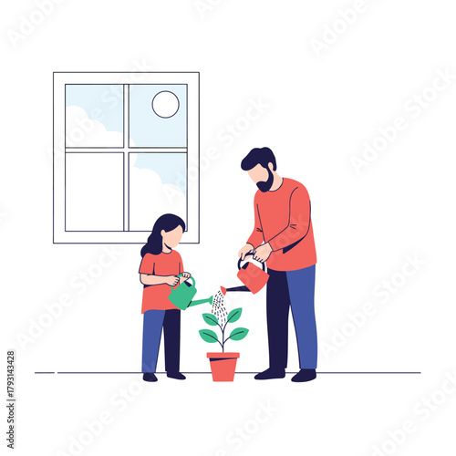 Father and daughter nurturing a potted plant together, using watering cans in a simple, sweet family bonding activity at home.