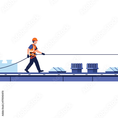 Roofer wearing a safety harness and hard hat walking on a flat roof while attached to a safety line for fall prevention.