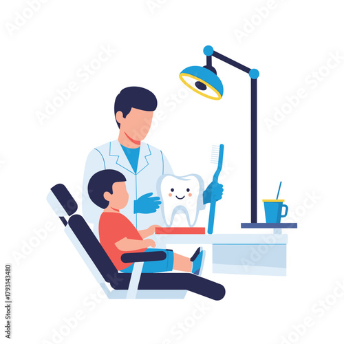 Friendly pediatric dentist using a large tooth model to teach a young boy the proper way to brush his teeth for good oral health.