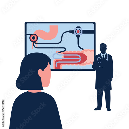 Doctor's silhouette explaining a diagram of an endoscopic procedure to a female patient for better medical understanding.