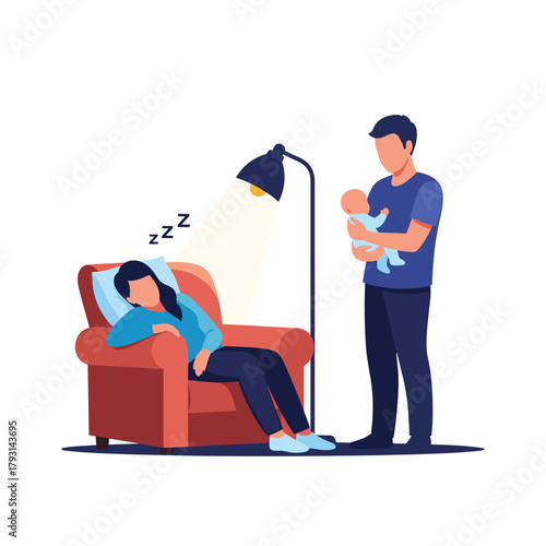New father holding his baby at night while the exhausted mother sleeps in an armchair, depicting the challenges of parenthood.