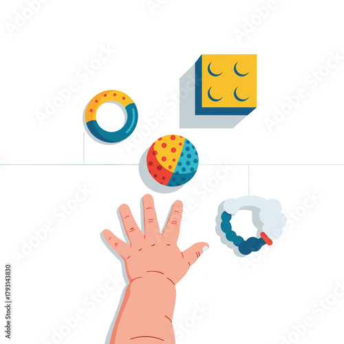 Overhead view of a baby's hand reaching for colorful hanging toys, illustrating motor skill development and infant curiosity.