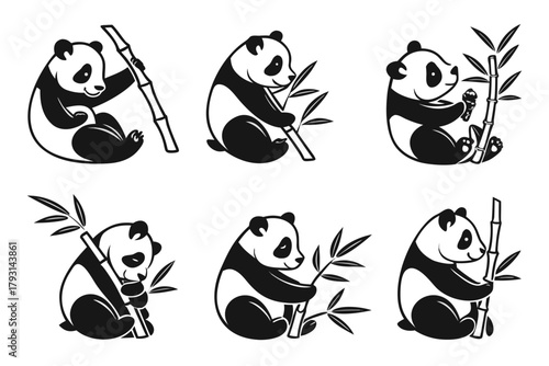 Minimalist panda sitting with bamboo icon set