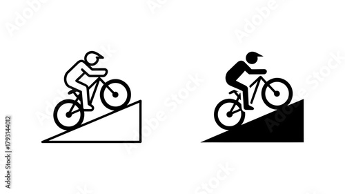 Downhill mountain biking icon set includes a person riding a bicycle down a ramp and a person riding a bicycle down a hill