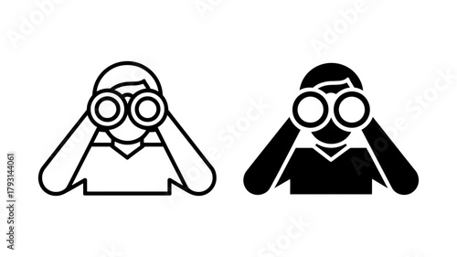 Binoculars icon set includes a person looking through binoculars and a person looking through binoculars with a hat