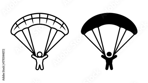 A minimalist vector illustration showcasing two distinct parachute icons, one with a detailed canopy and the other with a solid fill