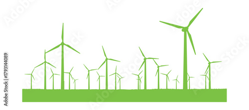 Towers of a wind farm for power generation. Icon of a windmill. Concept of green energy. A symbol of renewable, sustainable, and alternative energy. Vector illustration.