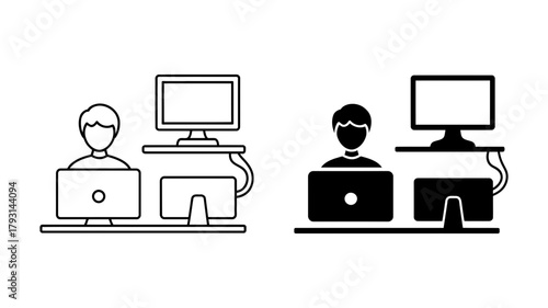 A minimalist vector illustration showcasing two icons of a person working at a desk with multiple screens, one in outline and the other in solid fill